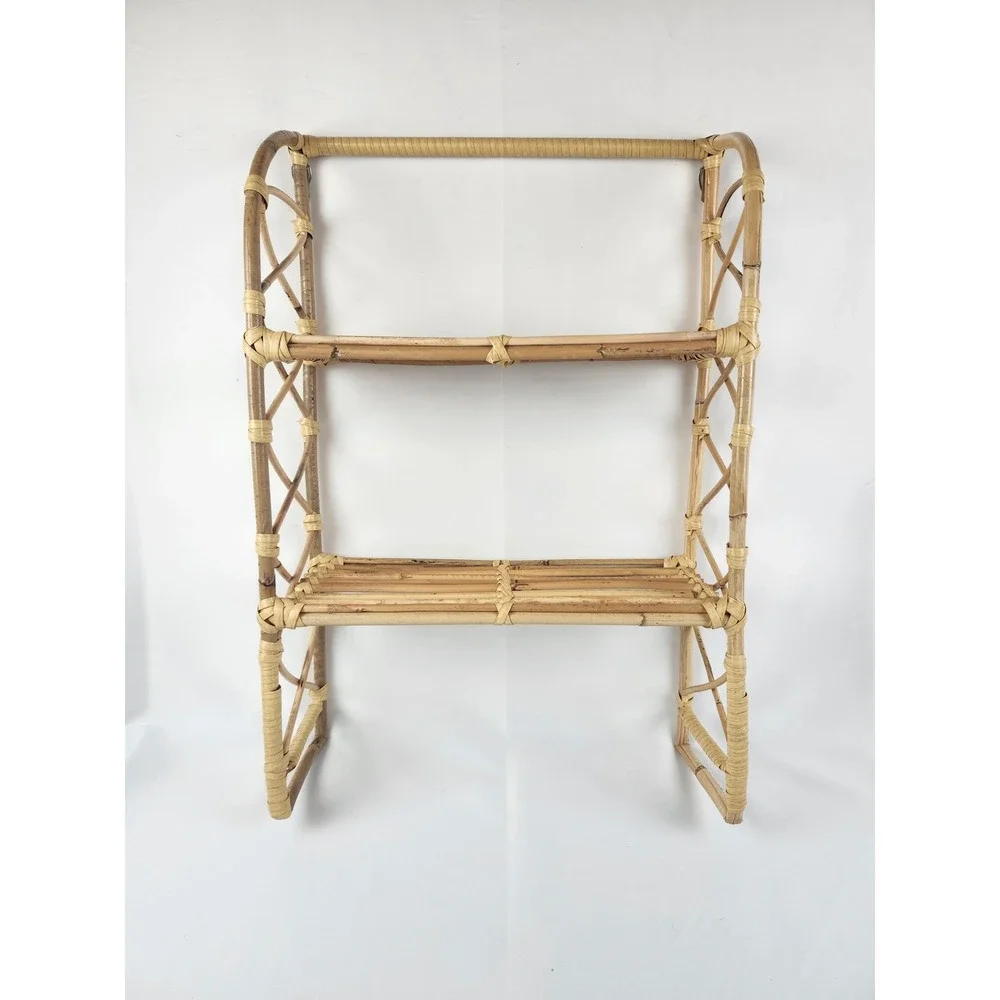 Vintage Rattan Wall Shelf 24x18 Hanging Bamboo Wicker Boho Coastal Decor Rack